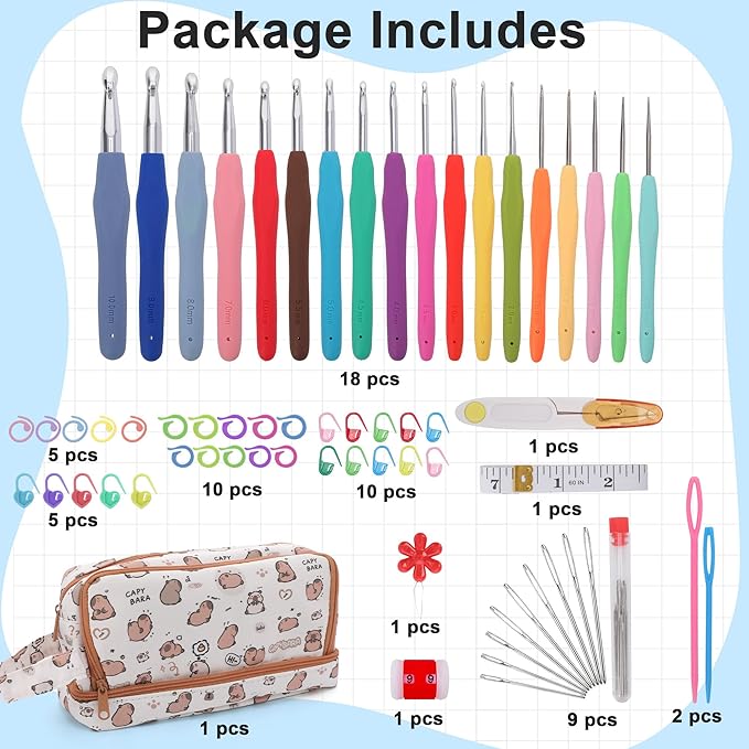 Crochetbox Crochet Hooks Set, 18 Size 0.5mm-10mm(P) Ergonomic Handles Crochet Hooks with Case for Arthritic Hands, Kintting Needle with Crocheting Tool for Crocheters