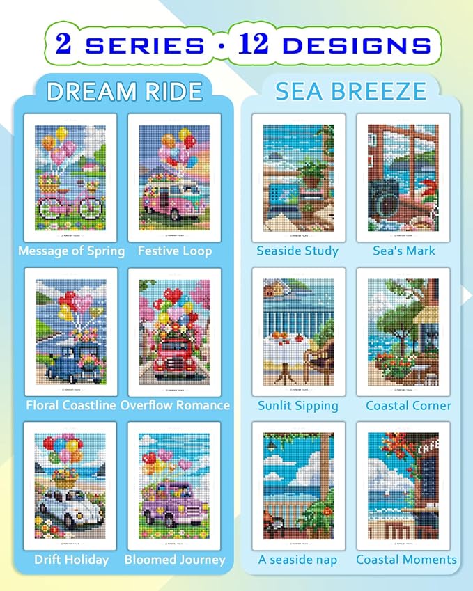 Foreveryoung Minigem Small Diamond Art Kits for Beginners, 12Pcs Resin Square Drill Diamond Painting Kits for Adults, 2-Hour Postcard-Style Mini Diamond Art 5x7 Inch – 2 Sets: Sea Echo & Dream Journey