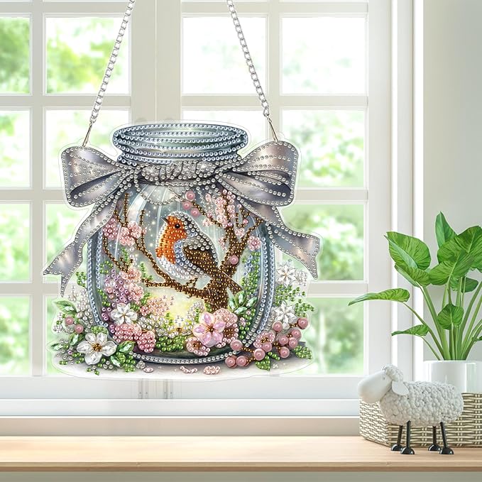 Bowetile Birds Diamond Art Hanging Kits for Adults, Diamond Art Suncatchers Bird, 5D Special Shape Diamond Painting Pendant Window Ornament Gifts for Home Wall Garden Decor