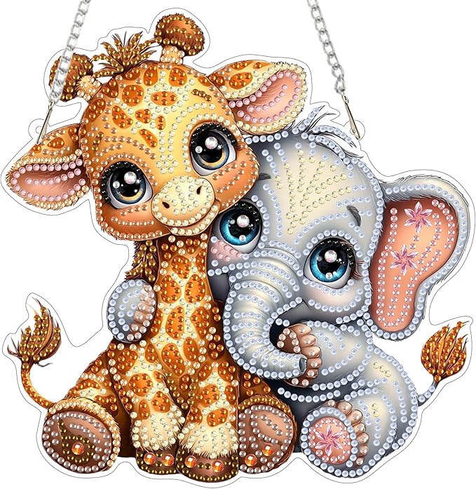 MXJSUA Diamond Art Hanging Kits for Adults Beginners, Giraffe and Elephant DIY Acrylic Special Shaped Crystal Diamond Gem Art Pendant Drills Painting Ornament for Home Wall Decor and Gift