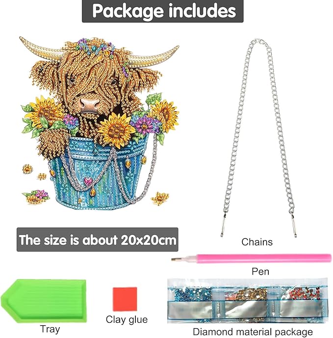 Bimkole Highland Cattle Diamond Art Hanging Kit for Adult, DIY 5D Sunflowers Diamond Painting Window Pendant, Acrylic Crystal Art Hanging Ornament for Wall Home Garden Front Door Decor - 7.8x7.8 Inch
