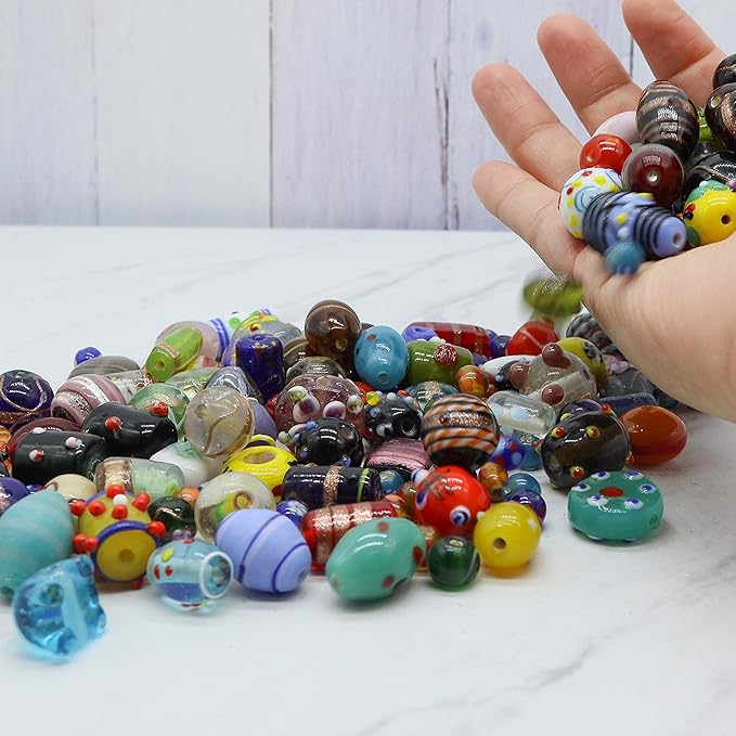 Fun-Weevz Assorted Glass Beads for Jewelry Making Adults, Bulk Glass Beads for Crafts, Lampwork Murano Bead Mix for Bracelets and Necklaces, Crafting Beads Supplies Kit, Large & Small Beads
