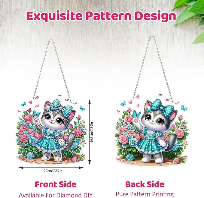 MEIYUDA Cat Diamond Art Hanging Kits for Adult, Flowers Cat Diamond Painting Hanging Kits Ornaments, DIY Special Shaped Rhinestone Window Pendants Kit for Home Garden Wall Decor Gift