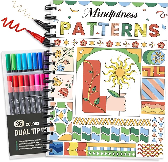 Adult Coloring Book Set- for Adults Relaxation with 36 Dual-Tip Markers in a Case, Anxiety Relief Patterns Included Mandala Animal Flowers and Other Themes,Perfect Stress-Relieving Gift for Women