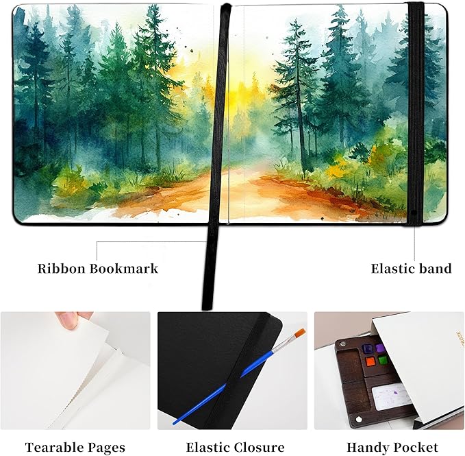 Vienrose Watercolor Sketchbook, 5.5"x5.5" Watercolor Journal with 24 Sheets 48 Pages 140 LB (300 GSM) Cotton Watercolor Paper, Black Leather Cover Water Coloring Sketch Book As Travel Notebook