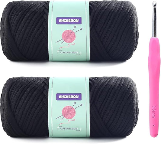 2 Skeins Tshirt Yarn for Crochet,Soft T Shirt Yarn for Crocheting Bag/Basket/Home Decor,Trapillo para Tejer a Crochet Bolsas with 1 Crochet Hook,Each Ribbon Yarn 7oz, 65yds (Black)