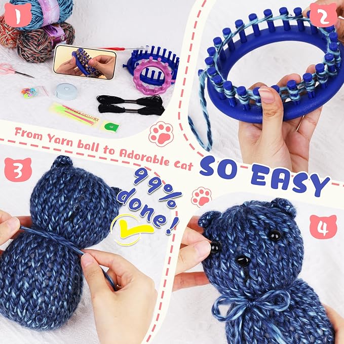 Aeelike Round Loom Knitting Kit for Beginners, Easy to Knit Cat (L&S) Complete Beginner Knitting Loom Kit for Beginners w Step-by-Step Instructions Videos, Family Craft Crochet Animal Gift