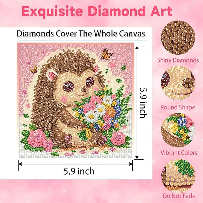 Hedgehog Diamond Art Painting Kits for Kids with Frame, Animal Diamond Art for Kids Ages 4-8-12 with Frame, Easy Small Cute Gem Painting Kit for Gift Home Wall Decoration (7x7 inch)