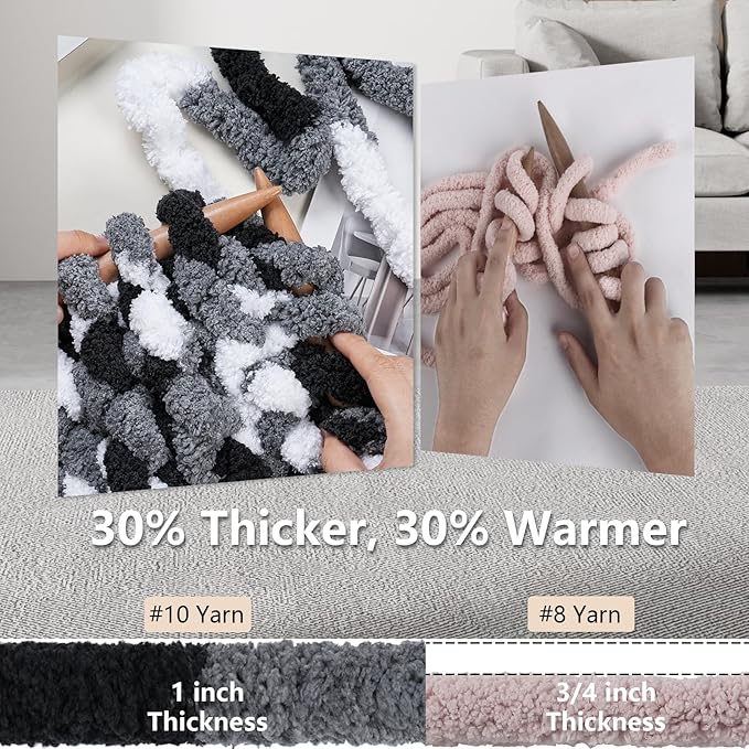 Chunky Yarn for Hand Knitting - #10 Chunky Chenille Blanket Yarn, Jumbo Big Thick Chunky Yarns for Crocheting, Tie Dye Bulky Knit Yarns, 8 Skein (25 yds 8 oz Each Skein), Black & Grey & White