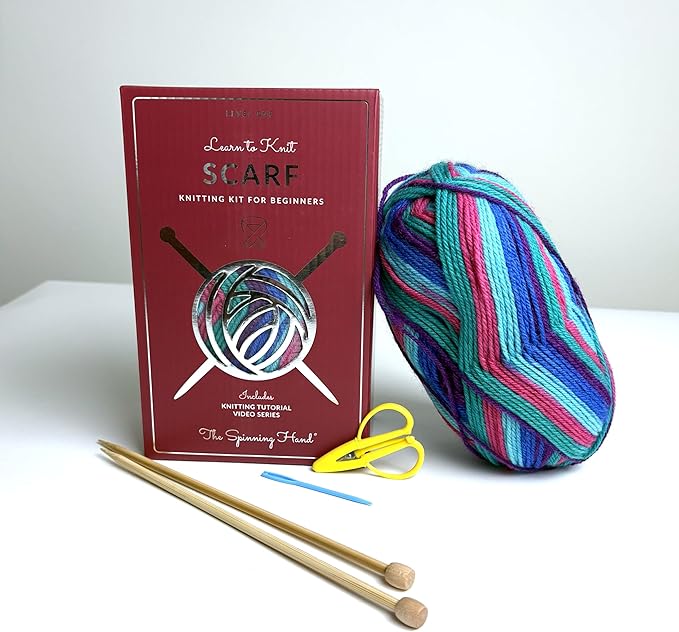 The Spinning Hand Knitting Kit for Beginners Adults – Learn to Knit Scarf Kit with Yarn, Needles & Step-by-Step Video Tutorials – Complete Starter Set (Tie Dye)