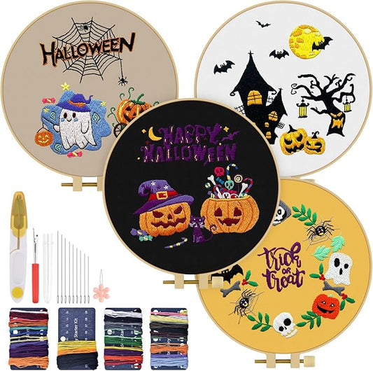 TINDTOP Halloween Embroidery Kit for Adult, 4 Pack Embroidery DIY Starter Kit, with Stamped Patterns, Hoop, Tools, Colorful Threads with Needles, Instructions