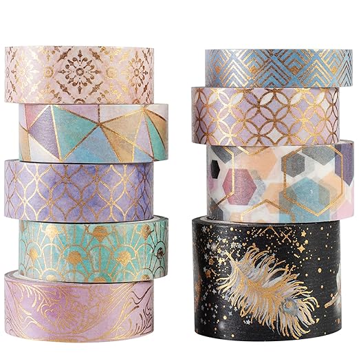 YUBBAEX Mystic Gold Washi Tape Set Wide Silver Foil Masking Tape Decorative for Arts, DIY Crafts, Journal Supplies, Planners, Scrapbook, Card/Gift Wrapping (Geometric Aesthetics)