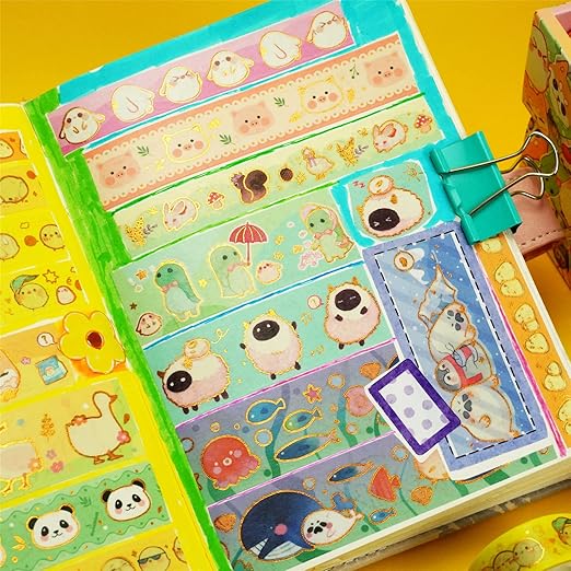 YUBX Cute Pets Washi Tape Set 13 Rolls Wide Gold Embellishment Decorative Masking Tapes for Arts, DIY Crafts, Journals, Planners, Scrapbook, Wrapping (Animal Kindergarten)