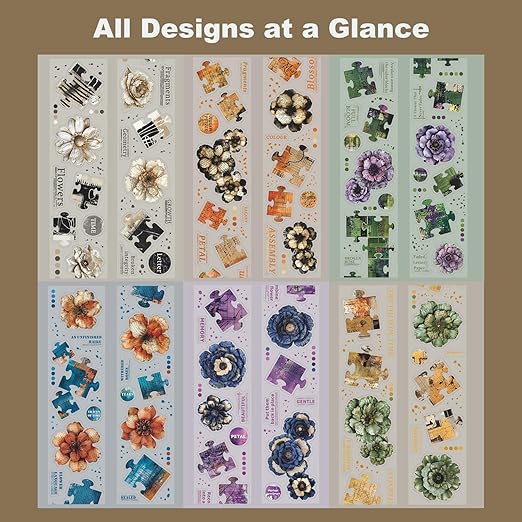 6-Roll Puzzle Piece Floral PET Tape Set – Pre-Cut Transparent Vintage Collage Flower Stickers for Scrapbooks Journals Planners Cards & DIY Craft Decoration