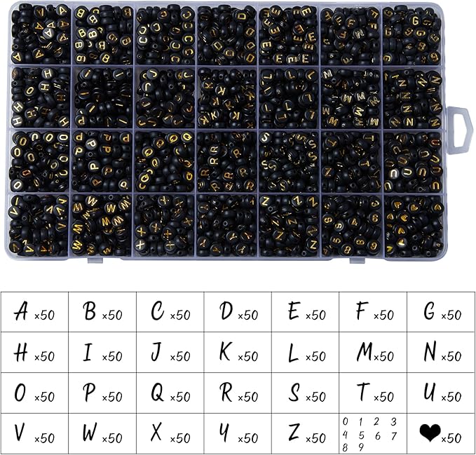 1400pcs letter beads, 4x7 mm acrylic alphabet beads, beads for jewelry and bracelet making, in 28 grid box (black and gold)