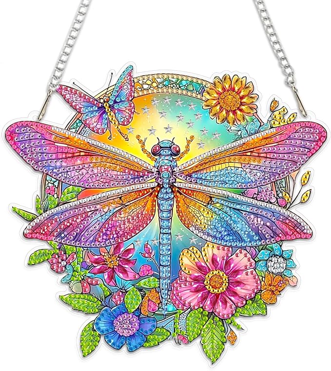 MEIYUDA Dragonfly Diamond Painting Pendant Kits, DIY Flowers Diamond Art Window Hanging Ornament for Adults, 5D Special Shape Rhinestone Pendant for Home Decoration