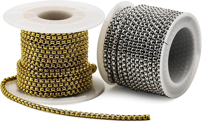 Gold 2.5mm Rolo Box Chain Necklace for Jewelry Making - 10ft Stainless Steel Bracelet Chain for Men Women