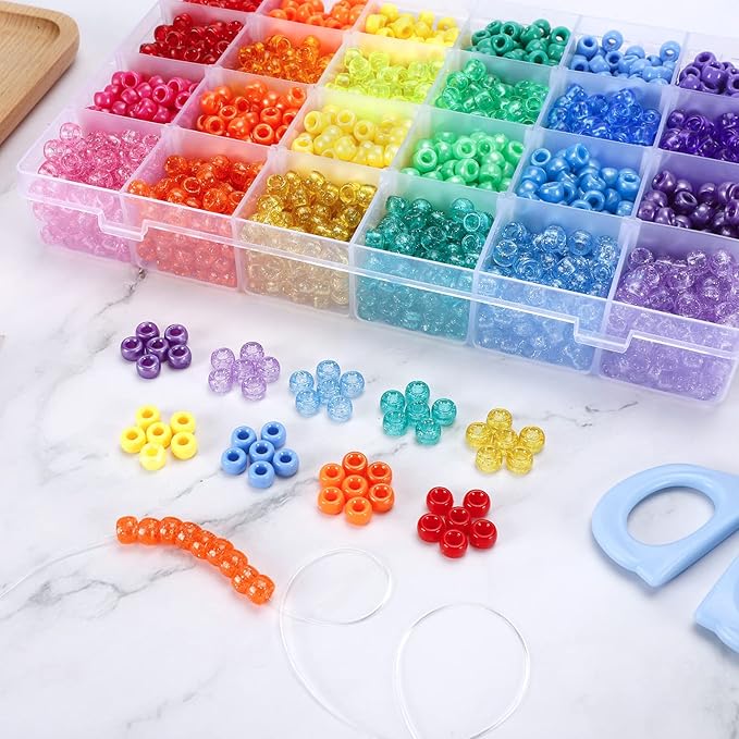 Quefe 2880pcs Pony Beads Kit, Kandi Beads for Hair, Rainbow Beads Plastic Bead for Craft 6 x 9mm 24 Colors 4 Styles Large Hole Beads Set for Bracelets Jewelry Making