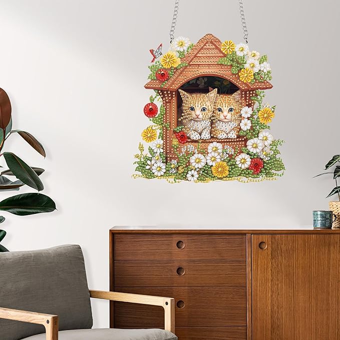 Reofrey Hanging Diamond Art Kits for Adults– 8x8Inch Cats Hanging Ornament Acrylic Board Double Sided Pattern Crystal Diamond Art Suncatcher Pendant, for Home Wall Window Decoration Handmade Gift
