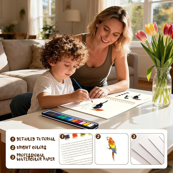 Watercolor Workbook for Adults, Beginner Friendly Watercolor Painting Kit Birds Water Coloring Book, Nature-Themed Practice Art Gift Water Color Paint Book with Palette and Brush