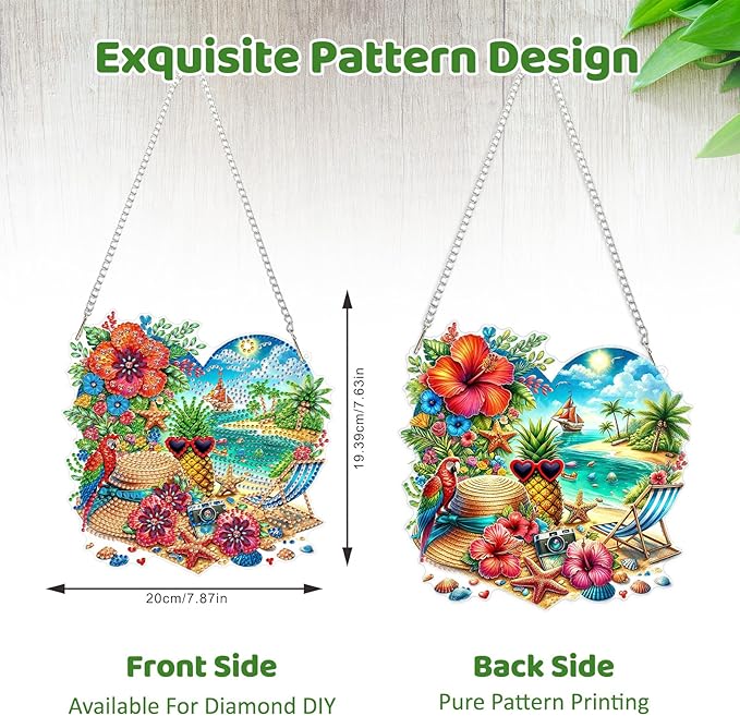 MEIYUDA Summer Diamond Art Hanging Kits for Adult, Summer Beach Diamond Painting Hanging Kits Ornaments, DIY Special Shaped Rhinestone Window Pendants Kit for Home Garden Wall Decor Gift
