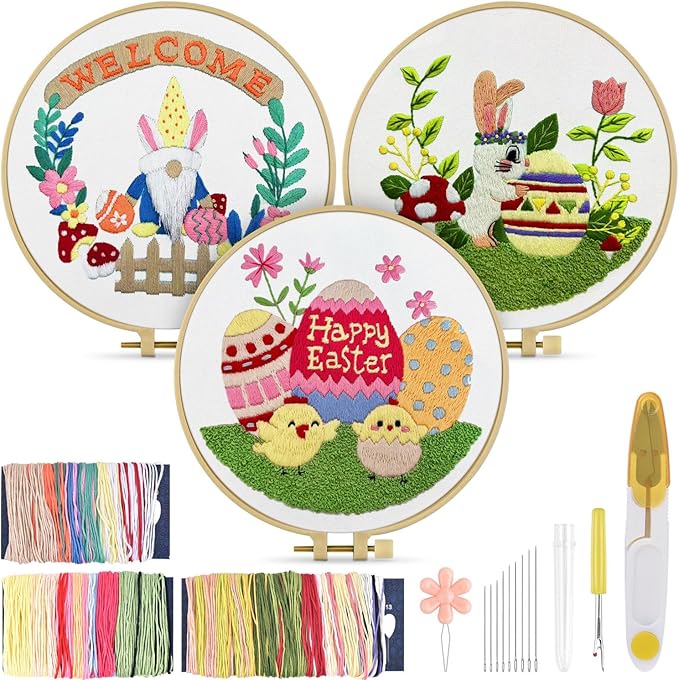 TINDTOP 3 Pack Embroidery Kit for Adult, Embroidery Stitch Practice kit Include Embroidery Cloth Hoops Threads Hand Stitch for Craft Lover