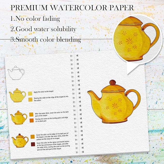 3Pcs Watercolor Workbook Paint Book Beginner Friendly Painting Kit, 36 Pages Workbooks with 24 Paint Colors & Brush for Beginners, Stress-Relieving Gift for Women Adults (Winter&Autumn&Christmas)