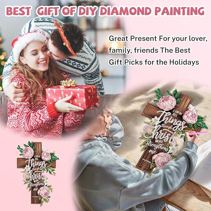 Bowetile Cross Diamond Art Hanging Kits for Adults, Diamond Art Suncatchers Easter, 5D Special Shape Diamond Painting Pendant Window Ornament Easter Gifts for Home Wall Garden Decor