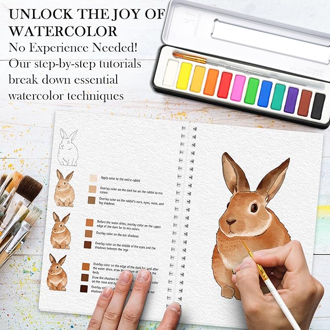Watercolor Workbook, Watercolor Workbook Paint Book Beginner Friendly with 12 Patterns, Beginner-Friendly Watercolor Workbooks with 12 Paint Colors & Brush, Water Color Paint Set, Valentine's Day Gift
