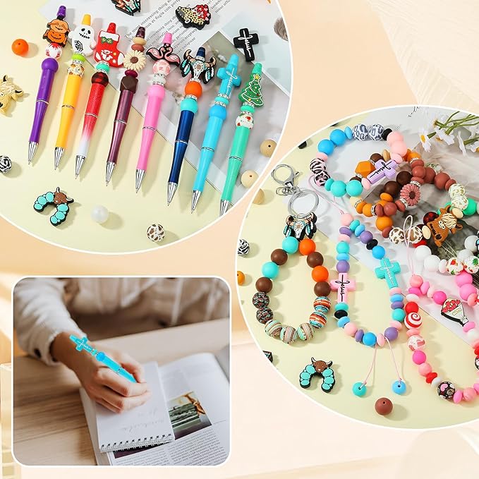 121 Pcs Cattle Themed 12mm 15mm Silicone Beads Kit for Keychain Making Cross Beads Round Focal Beads for Pens Bracelets Necklace DIY Crafts Jewelry Making
