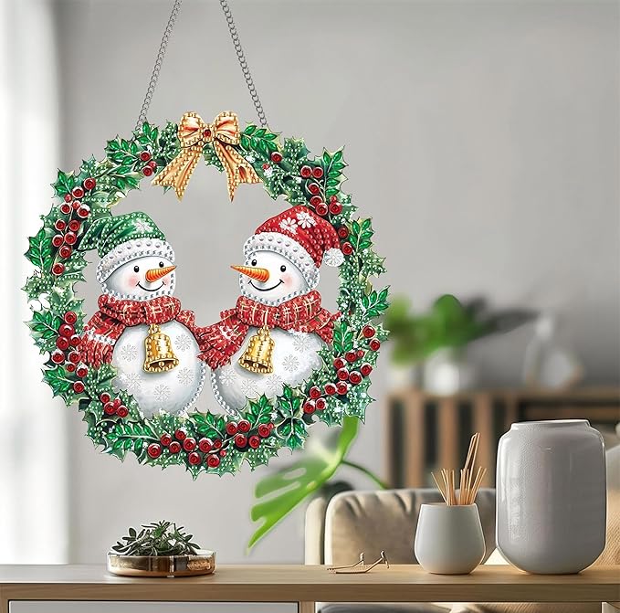 Bimkole Snowman Diamond Art Hanging Kit for Adult, DIY 5D Christmas Diamond Art Painting Window Pendant, Acrylic Crystal Art Hanging Ornament for Wall Home Garden Front Door Decor - 7.8x7.8 Inch