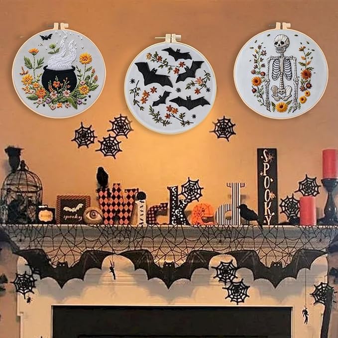 Floral Witch Hat Embroidery Kit Halloween Cross Stitch Material Set with Bat Skull Flower Pumpkin Patterns, DIY Hand Needlepoint Embroidery Craft Kit for Beginners Professional (Floral Bats)
