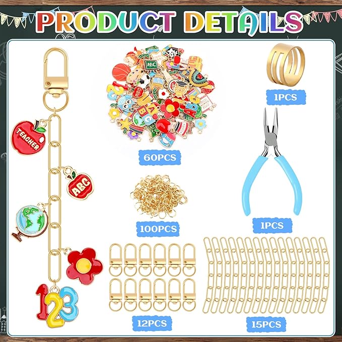 AUGSUN 189 Pcs Teacher Keychain Making Kit Teacher Keychain Craft Supply Kit Teacher Appreciation Gift Teacher’s Day Accessories for Back to School Graduation Thank You Gifts