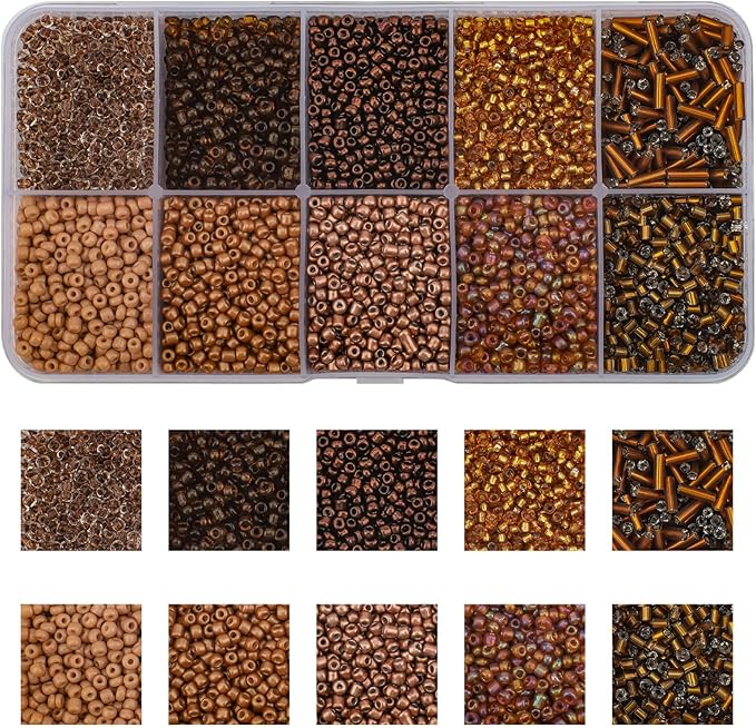 Approx 5000pcs 12/0 Glass Seed Beads for Jewelry Making, 2mm Mix 10 Colors Tube Beads Glass Bugle Beads Waist Beads Kit for Bracelets Necklaces Earrings DIY Supplies (Brown)