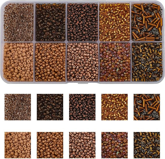 Approx 5000pcs 12/0 Glass Seed Beads for Jewelry Making, 2mm Mix 10 Colors Tube Beads Glass Bugle Beads Waist Beads Kit for Bracelets Necklaces Earrings DIY Supplies (Brown)