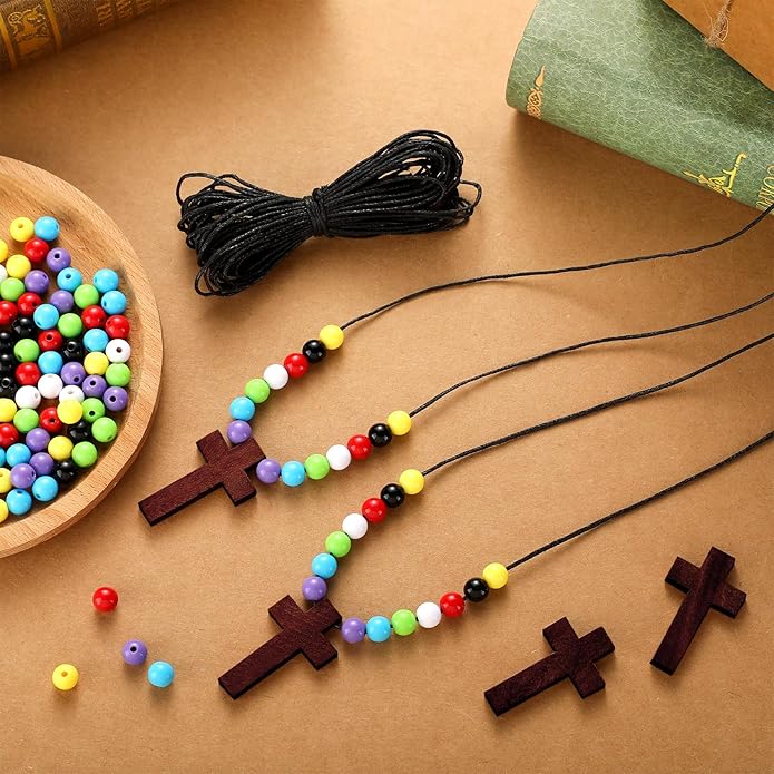 Kathfly DIY Wood Cross on Cord Pendant Necklace Sunday School Crafts for Kids Wood Cross Necklace with Colorful Beads Religious Party Favor for Vbs Church Easter Gifts
