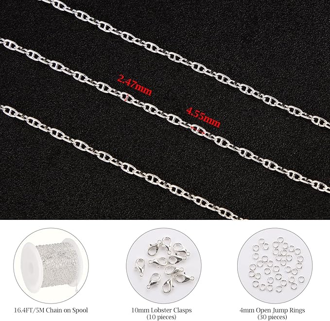 KYUNHOO 16.4 Feet Silver Plated Chains for Jewelry Making Thin Anchor Link on Spool Small Chain for Crafts DIY with Jump Rings Lobster Clasps
