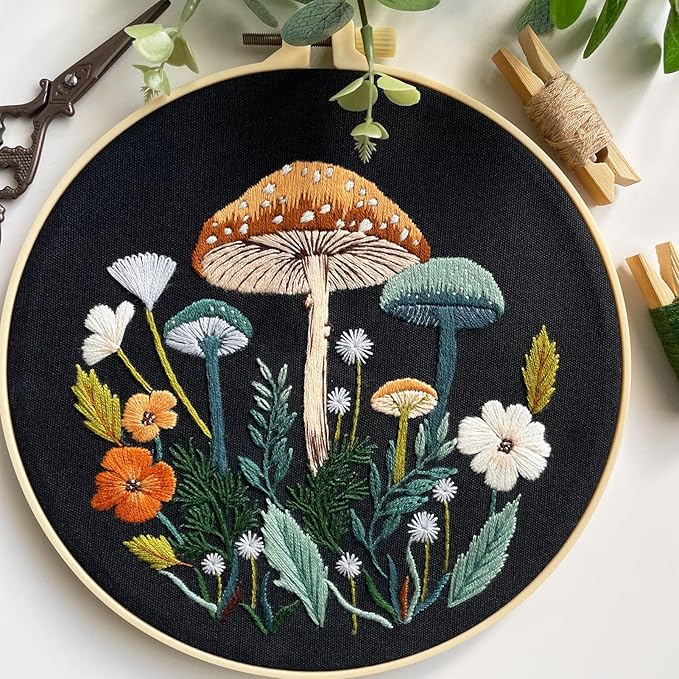 Myfelicity Embroidery Kit with Mushroom Patterns, 3 Hoops, Fabric, Threads, Needles, Instructions (Colorful)