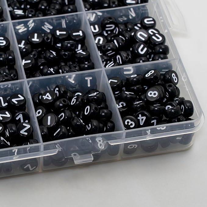 1450Pcs Acrylic 4x7mm Round Letter Beads and Number Beads Kits Alphabet A-Z 0-9 for Friendship Bracelets Making Jewelry (Black and Numbers)