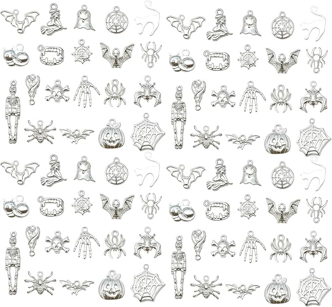 WOCRAFT 60pcs Bright Silver Halloween Charms Bracelet Charms for Jewelry Making Sets DIY Necklace Bracelet Keychain Crafting Charms Kit Craft Supplies (SN867)