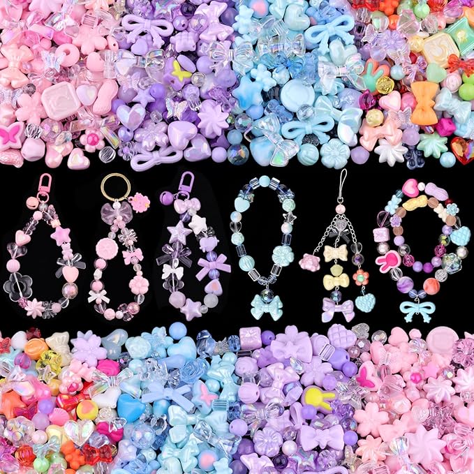 210-270PCS TINKRSTUFF Assorted Acrylic Beads, 4 Colors Mixed Cute Beads for Bracelet Making, Bow Flower GummyBear Kawaii Charms, Aesthetic Bead for Necklace Keychain Jewelry Making DIY Phone Charm