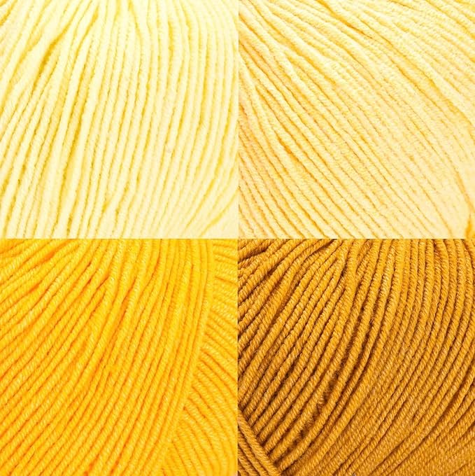 Cotton Yarn Kit - 4 Multicolor Balls Soft Sport Weight Yarn for Crochet & Amigurumi - 50g / 175yds Each & 10 Stitch Markers (H06 - Gold / Yellow)
