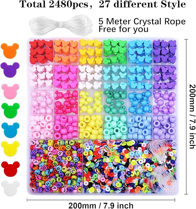 BBita 2480pcs Mouse Head Polymer Clay Beads Charms for Bracelets Making Kit Cute Fun Charms Beads Friendship Bracelet Making DIY Arts Crafts Birthday Gifts Toys for Kids Girls