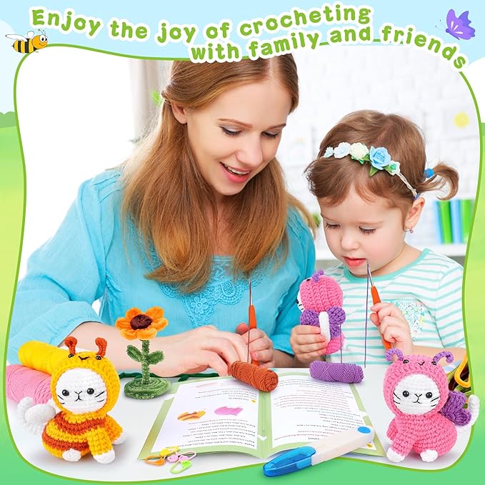 Cats Crochet Kit for Beginners, 2PCS Cats Dressed as Bee and Butterfly Crochet Kits with Step-by-Step Video Tutorials, Beginner Crochet Kits for Adults, Cat Crocheting Kit Gifts for Birthday