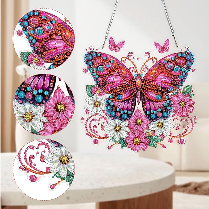QENSPE Diamond Art Hanging Kits for Adults, 5D Pink Butterfly Special Shape Diamond Paingting Ornaments Kits with Chain, DIY Flowers Crystal Window Pendants for Home Wall Decor Double Sided 8X8 inch