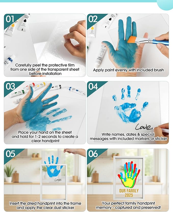 family handprint kit, baby hand print kit, diy handmade craft keepsake frame, adoption family gifts for new mom, new parents, grandparents, mother's day, father's day, christmas, 6 non-toxic paints