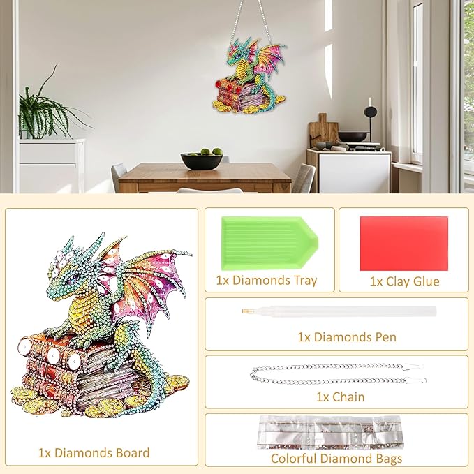 SENQAO Dragon Hanging Diamond Art Painting Kits for Adults Beginners, 5D Special Shape Diamond Art Kits, Dragon Crystal Rhinestones Diamond Gem Art Painting for Home Garden Wall Decor