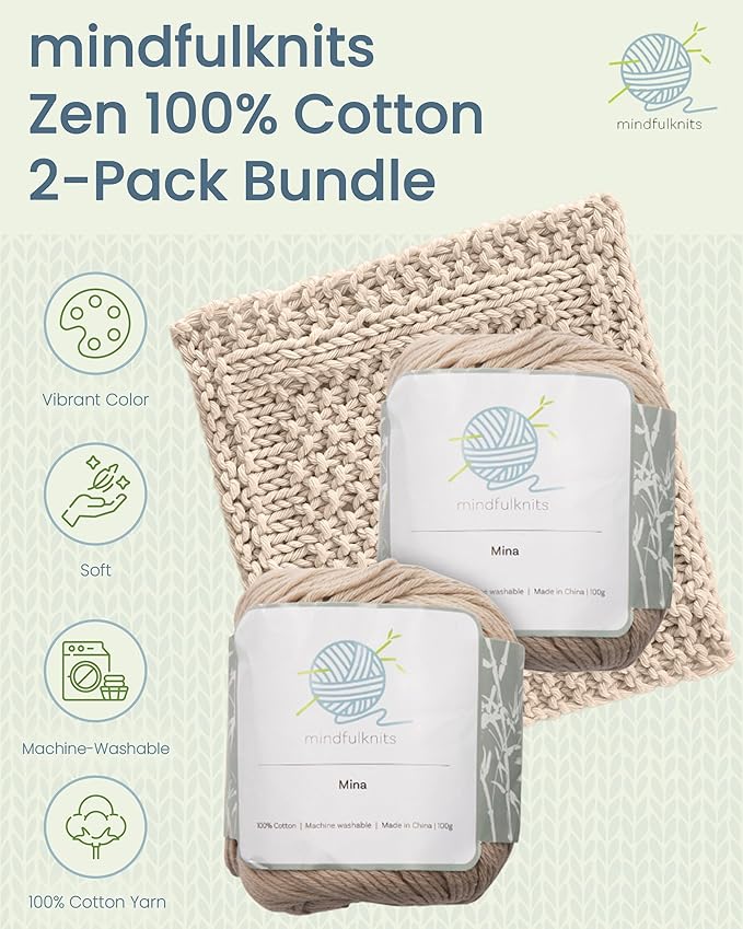 Knitting Yarn, Crochet Yarn, Mindfulness and Relaxation 100 Percent Cotton Yarn, Single Color 2-Pack - Medium Number 4 Worsted Bundle, Soft & Gentle for Garments, Amigurumi, Baby Items by mindfulknits