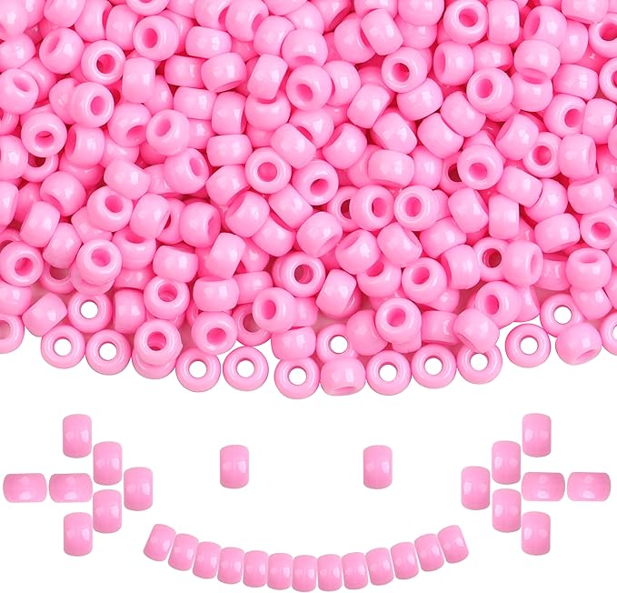 Plastic Pony Beads, 1000 Pcs, 6x9mm, for Bracelet, Hair Braiding, Friendship Bracelets, Jewelry Making (Pink)