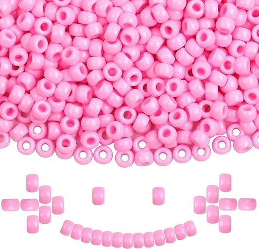 Plastic Pony Beads, 1000 Pcs, 6x9mm, for Bracelet, Hair Braiding, Friendship Bracelets, Jewelry Making (Pink)